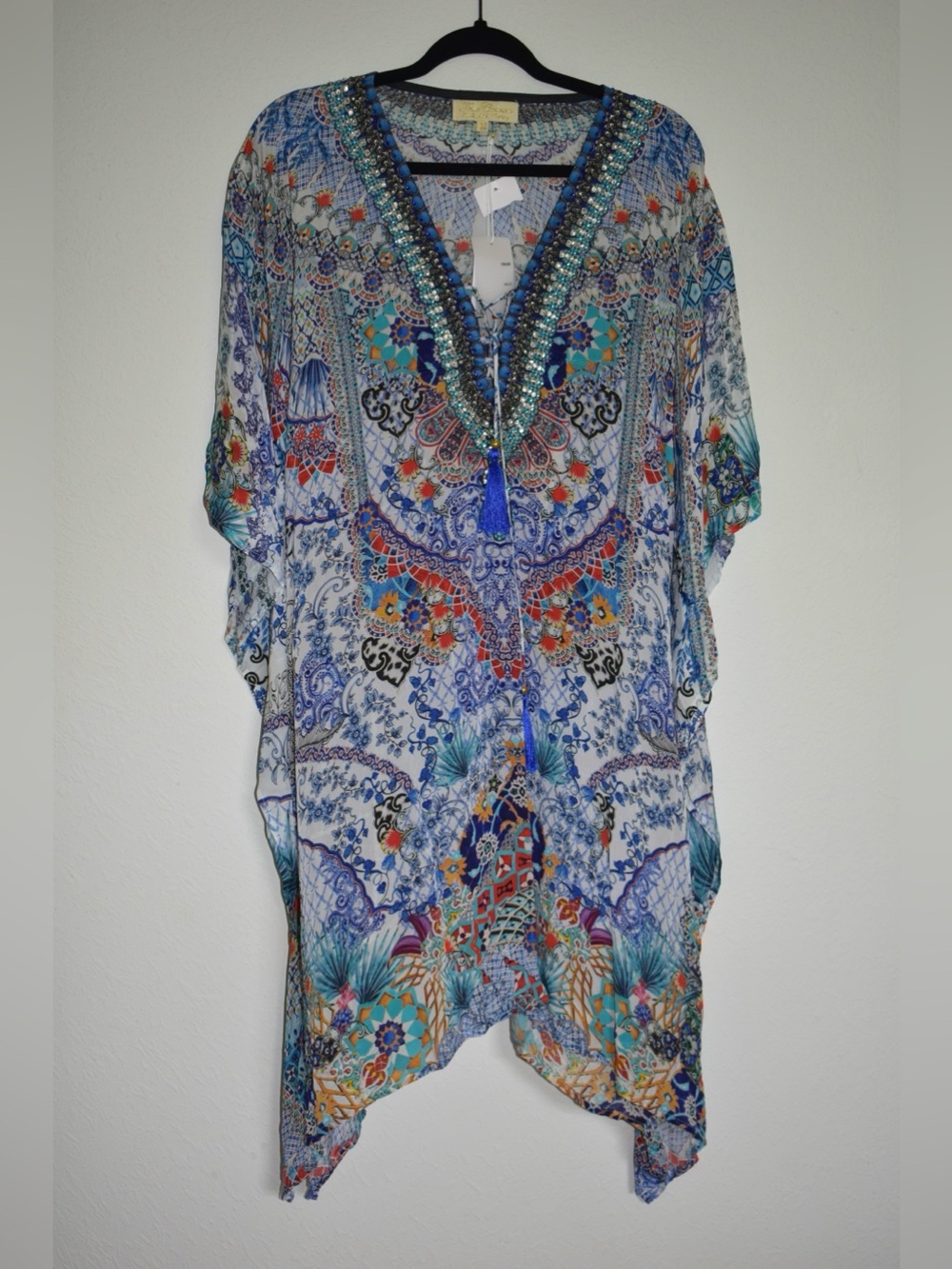 NWT True Colours Embellished Kaftan Blue Mosaic Print Designer Resort Coverup